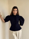 Hepburn Style Women Puff Sleeve Top Cotton Blend Woven Slim Fit Single Breasted Blouse With Bow Tie Collar Casual Solid Color Semi Sleeve T-Shirt