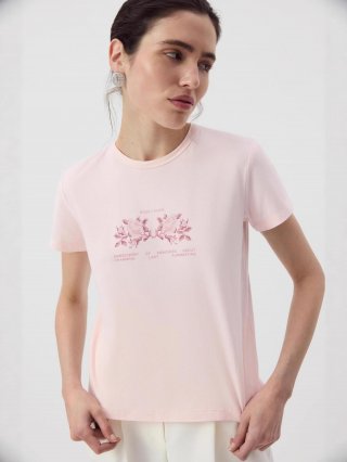 Women's Slim Fit Cotton T-Shirt Rose Flower Embroidery Letter Print Short Sleeve Casual Round Neck Top For Summer