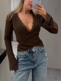 Women Sexy V-Neck Wrap Top Cotton Blend Knitted Lace Trim Rhinestone Long Sleeve Slim Fit Tie Side Cross Front Tee American Streetwear Casual Top