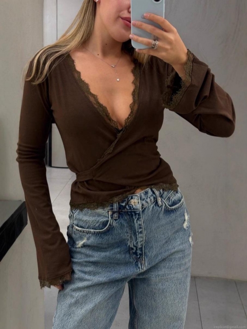 Women Sexy V-Neck Wrap Top Cotton Blend Knitted Lace Trim Rhinestone Long Sleeve Slim Fit Tie Side Cross Front Tee American Streetwear Casual Top