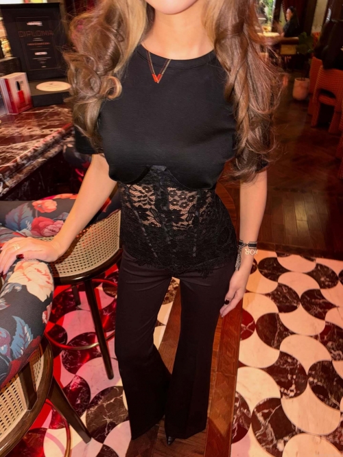 Women Sexy Mesh Patchwork Short Sleeve T-Shirt Cotton Lace Corset Waist Slim Fit See-Through Top With Back Lace-Up Details Streetwear Y2K Hot Girl Style