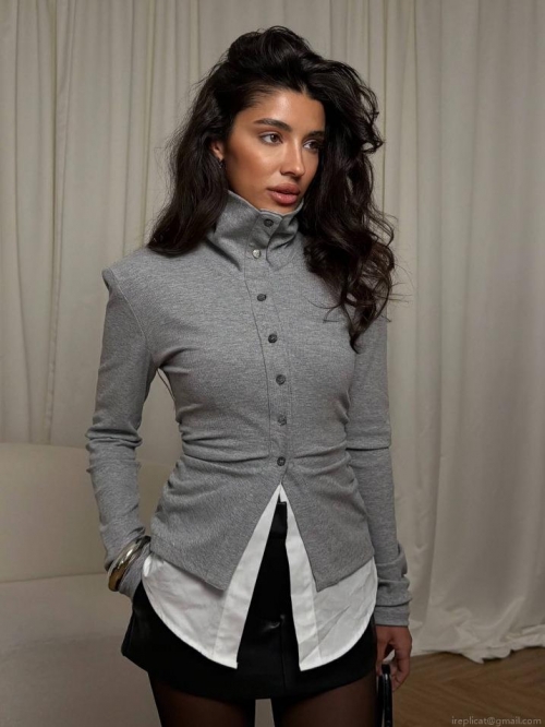 Women's Chic Mock Two-piece High Neck Knit T-Shirt Slim Fit Long Sleeve Single Breasted Ribbed Top Cotton Blend Autumn Casual Streetwear