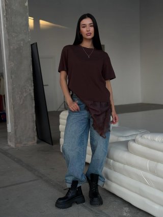 Women's Cotton Blend Lace Splicing Short Sleeve T-Shirt Niche Design Ins Style Loose Drop Shoulder Round Neck Casual Streetwear Summer Top