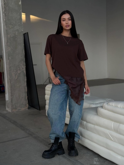 Women's Cotton Blend Lace Splicing Short Sleeve T-Shirt Niche Design Ins Style Loose Drop Shoulder Round Neck Casual Streetwear Summer Top