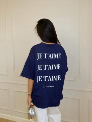 Women's Oversized Cotton T-Shirt Casual Short Sleeve Round Neck Drop Shoulder Top With French JE T'AIME Letter Print Harajuku Streetwear Summer Basic Tee