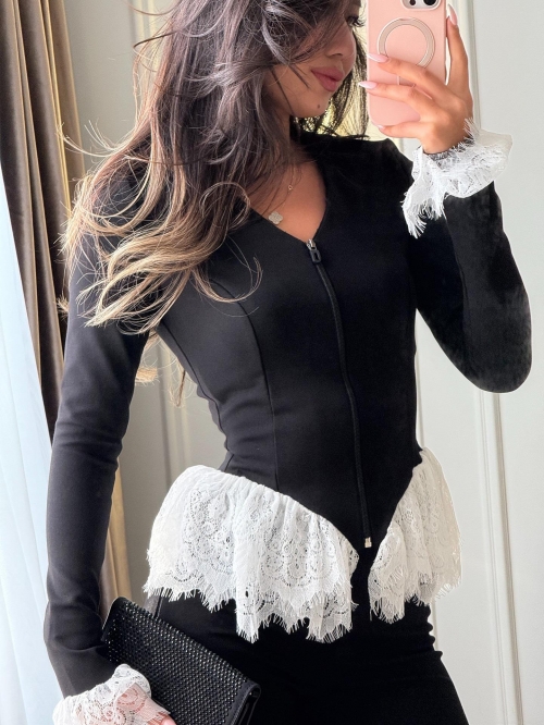 Women's Long Sleeve V-Neck Zipper Top Cotton Polyester Blend With Eyelash Lace Trim Slim Fit Elegant Tee For Casual Dating Streetwear Clothing