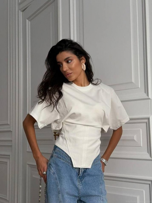 Women's Sexy Corset Style Cotton T-Shirt Slim Fit Short Sleeve Round Neck Solid Color Top Summer Minority Design Waist Cinched Streetwear Tee for Ladies