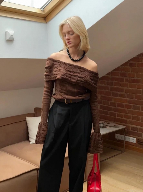 Women's Sexy Off Shoulder Knit Top Long Flare Sleeve Hollow Out T-Shirt Cotton Polyester Blend Slim Fit Streetwear Casual Spring Autumn Elegant Blouse