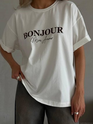 Women 100% Cotton T-Shirt Loose Fit Round Neck Short Sleeve Letter Print Casual Summer Top BONJOUR Mon Amour Breathable Soft Basic Tee For Daily Wear