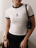French Retro Women Paris Eiffel Tower Graphic T-Shirt Cotton Round Neck Contrast Binding Short Sleeve Slim Fit Casual Summer Crop Top