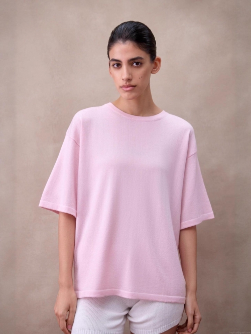 Women's Knitted T-Shirt Pink Short Sleeve Round Neck Loose Fit Cotton Blend Sweet Casual Summer Top for Ladies Daily Streetwear