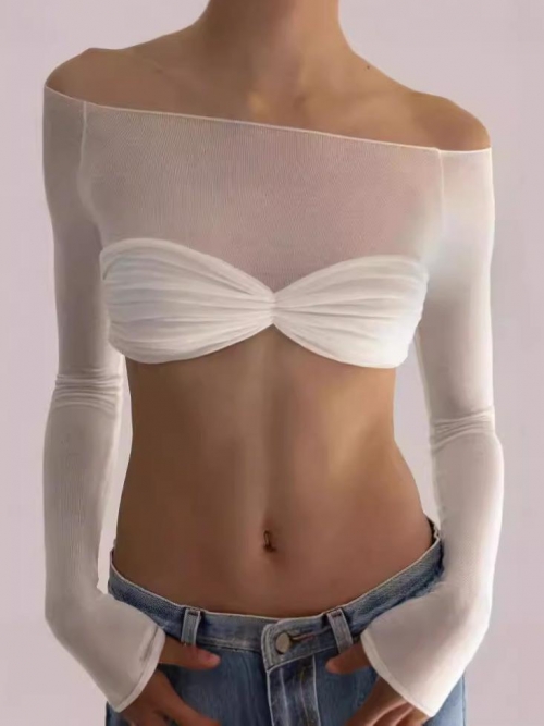 Women Sexy Off Shoulder Long Sleeve T-Shirt Mesh Patchwork Crop Top Pleated Solid Color Slim Fit Streetwear Club Party Tee For Ladies