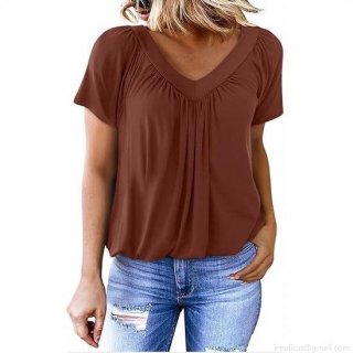 Women's V Neck Short Sleeve T-Shirt Casual Loose Pleated Solid Color Polyester Top for Daily Home Wear Fashion Comfortable Tee