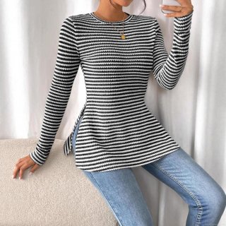 Women's Striped Long Sleeve Knit T-Shirt Slim Fit Round Neck Side Slit Pullover Top Casual Elegant Polyester Striped Basic Tee