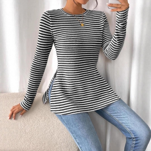Women's Striped Long Sleeve Knit T-Shirt Slim Fit Round Neck Side Slit Pullover Top Casual Elegant Polyester Striped Basic Tee