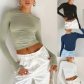 Women's Slim Fit Cropped T-Shirt Polyester Spandex Blend Thumbhole Long Sleeve Round Neck Solid Color Sexy Midriff Base Layer Top For Casual Daily Wear