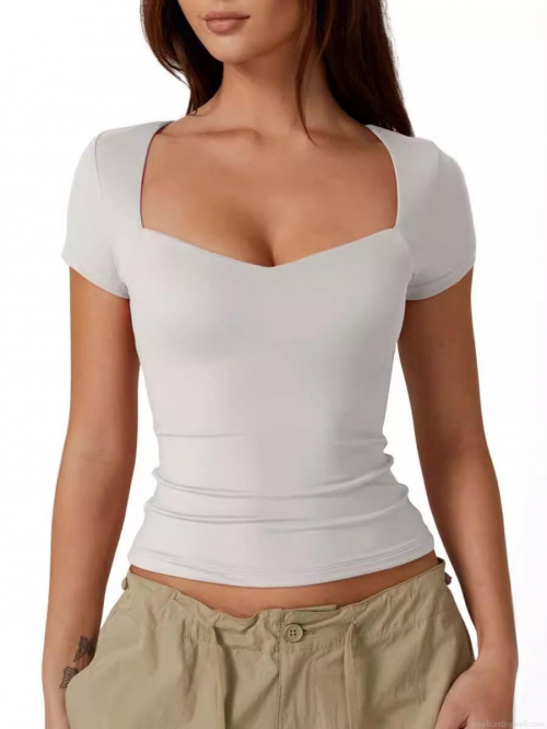 Women's Sweetheart Neck Short Sleeve T-Shirt Slim Fit Solid Color Basic Cropped Tee Bodycon Stretch Polyester Milk Silk Casual Top for Summer Daily Wear
