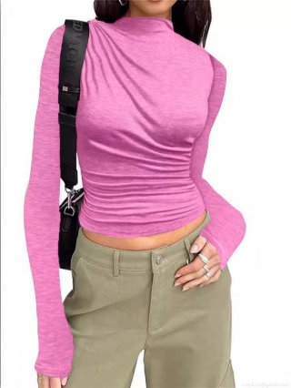 Women's Ruched Slim Fit Mock Neck T-Shirt 65% Cotton 35% Polyester Long Sleeve Pullover Casual Solid Color Commuter Base Layer Top