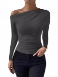 Women's Asymmetric Off Shoulder Ruched T-Shirt Slim Fit Milk Silk Short Long Sleeve Top Casual Solid Color Commuter Blouse Tee For Women