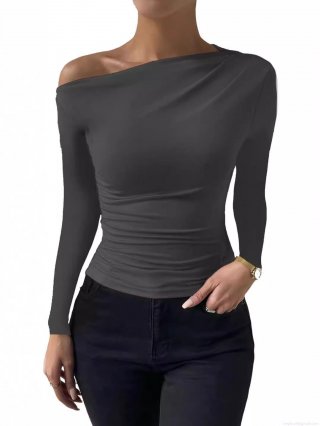 Women's Asymmetric Off Shoulder Ruched T-Shirt Slim Fit Milk Silk Short Long Sleeve Top Casual Solid Color Commuter Blouse Tee For Women