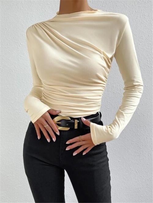 Women Mock Neck Ruched Long Sleeve T-Shirt Slim Fit Solid Color Rayon Blend Basic Bottoming Top For Daily Wear Casual Elegant Style