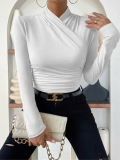 Women's Wrap V Neck Long Sleeve T-Shirt Ruched Side Slim Fit Polyester Cotton Blend Plain Tee Top for Daily Casual Office Lady Style