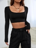 Women's Slim Fit Crop Top Square Neck Long Sleeve T-Shirt Viscose Elastane Breathable Sexy Solid Color Basic Tee For Women Fashion Streetwear