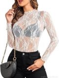 Women's Sexy Lace See Through Long Sleeve Top Elegant Floral Jacquard Mock Neck Slim Fit T-Shirt Transparent Blouse For Party Clubwear Women