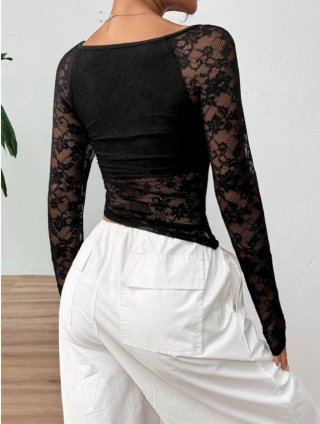 Women's Sexy See-Through Lace Mesh T-Shirt Slim Fit Long Sleeve Square Neck Crop Top Floral Pattern Elegant Commuting Clubwear Blouse For Ladies