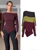 Women's T-Shirt Asymmetrical Ruched Long Sleeve Modal Spandex Off Shoulder Solid Color Slim Fit Casual Elegant Top Tee