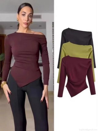 Women's T-Shirt Asymmetrical Ruched Long Sleeve Modal Spandex Off Shoulder Solid Color Slim Fit Casual Elegant Top Tee