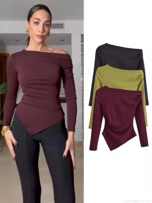 Women's T-Shirt Asymmetrical Ruched Long Sleeve Modal Spandex Off Shoulder Solid Color Slim Fit Casual Elegant Top Tee