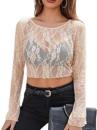 Women's Sexy Sheer Floral Lace Crop Top Long Sleeve Crew Neck See-through Mesh Hollow Out Slim Fit Tee Shirt Top For Daily Dating Party Night Out