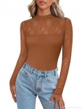 Women Sexy Lace Patchwork Long Sleeve T-Shirt Elegant Half High Neck Slim Fit Mesh Top Back Hollow Out Clubwear Party Tee