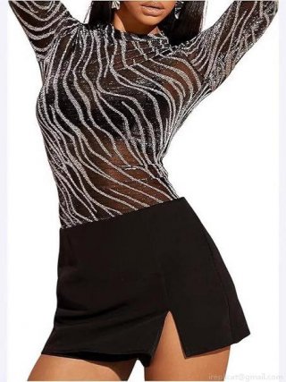 Women's Sexy Zebra Print Mesh Top Sparkly Sequin Transparent Long Sleeve T-Shirt Slim Fit Clubwear Party Blouse For Night Out
