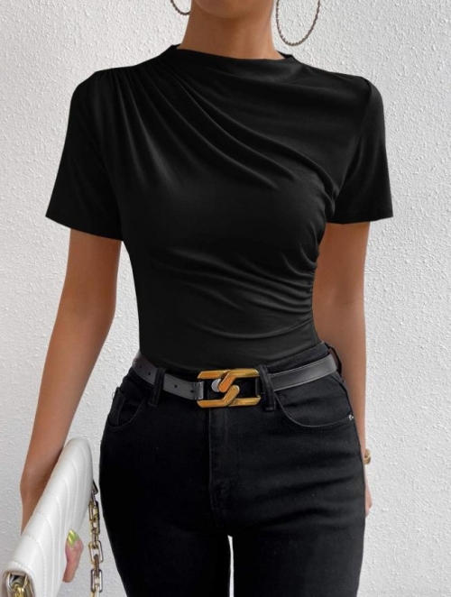 Women's Ruched Slim Fit T-Shirt Short Sleeve Semi-High Neck Solid Color Polyester Summer Casual Commute Tops For Women Chic Ruched Detailing