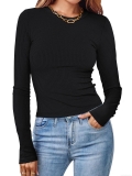 Women's Ribbed Knit Long Sleeve T-Shirt Slim Fit Round Neck Cropped Solid Color Top Casual Commuter Pullover Soft Elastic Basic Tee For Women