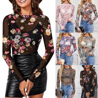 Women's Mesh Long Sleeve Floral T-Shirt See-Through Leopard Print Turtleneck Base Top Elegant Slim Fit Blouse For Daily Party Lightweight Clothing