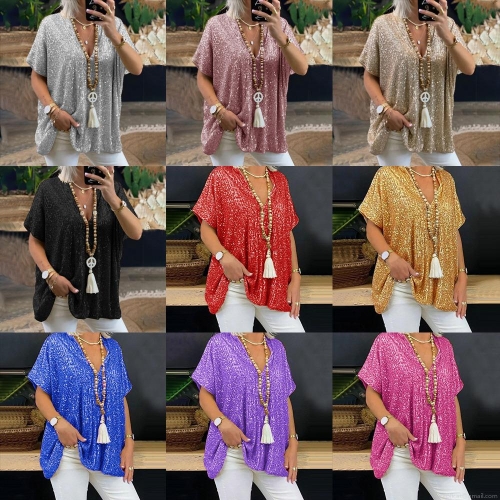 Women's Shiny Sequin V-Neck T-Shirt Loose Short Sleeve Mesh Top Sparkly Party Blouse For Summer Urban Casual Mid-Length Glitter Tunic Clothing