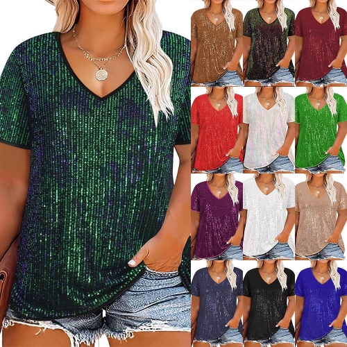 Women Shiny Sequin V-Neck Short Sleeve T-Shirt Loose Glitter Party Bling Top Polyester Evening Casual Blouse Ladies Clubwear