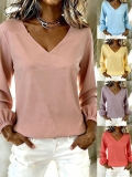 Women's V-Neck Lantern Sleeve T-Shirt Elegant Solid Color Casual Pullover Top 95% Polyester Lightweight Chiffon-like Long Sleeve Tee For Women