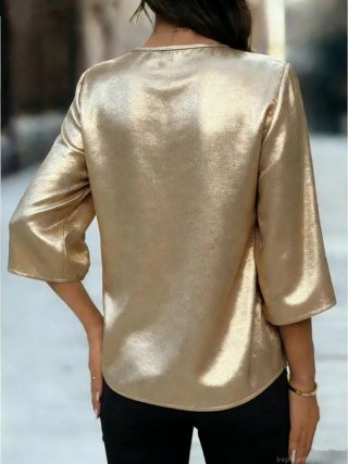 Women's Casual Satin T-Shirt Round Neck Seven-Minute Sleeve Slit Cuff Metallic Texture Solid Color Loose Fitting Daily Comfortable Layering Blouse