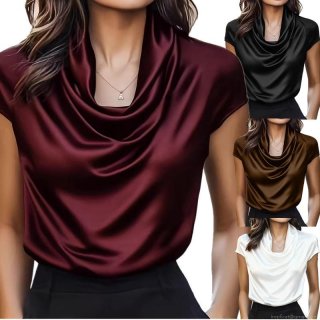 Women's Elegant Satin Cowl Neck T-Shirt Short Sleeve Silk-Like Blouse Casual Loose Solid Color Summer Tops For Office Daily Wear