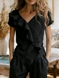 Women's V Neck Ruffle T-Shirt Cotton Linen Texture Casual Short Sleeve Peplum Top Solid Color Loose Blouse Daily Wear