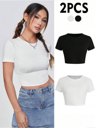 Women's 2-Pack Round Neck Crop Top Short Sleeve Solid Color Basic Slim Fit Polyester Knit T-Shirt Black And White Sexy Streetwear Casual Tee For Women