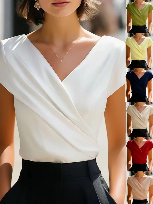 Elegant Women V Neck Pleated T-Shirt Satin Texture Polyester Short Sleeve Slim Fit Blouse Office Commute Solid White Top