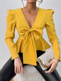 Women's Elegant V Neck Long Sleeve T-Shirt With Big Bow Ruffle Hem Satin Texture Puff Sleeve Casual Blouse Top For Ladies Party Office