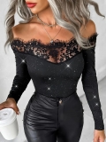 Women Sexy Off Shoulder Long Sleeve Glitter T-Shirt Elegant Lace Patchwork Slim Fit Sparkle Top For Party Club Night Out Polyester Spandex