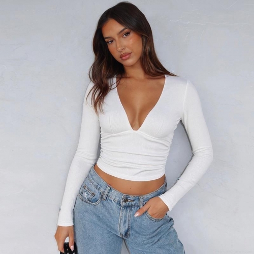 Women's Sexy Deep V Neck Long Sleeve T-Shirt Slim Fit Ribbed Knit Solid Color Crop Top Fashion Streetwear Casual Soft Cotton Blend Tee