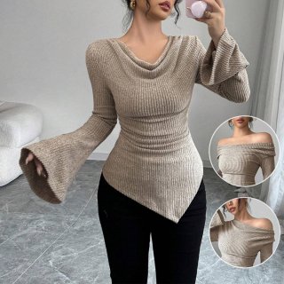 Women's Sexy Knitted Off Shoulder T-Shirt Long Bell Sleeve Ribbed Stacked Neck Top Slim Fit Asymmetrical Hem Hollow Out Party Wear Tee